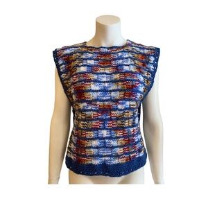 Vintage 80s Handknit Squares Tunic Vest Open Sides Oversized Buttons Blue S/M